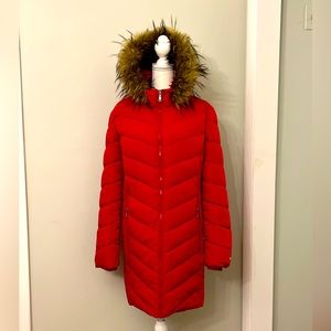 Beautiful Tommy Hilfiger red brand stadium length puffer coat with hood.